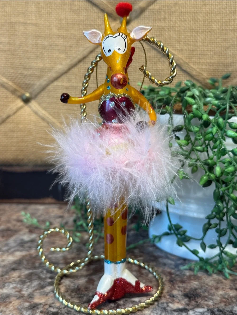 Gold and Pink Giraffe Ornament with Feather Skirt